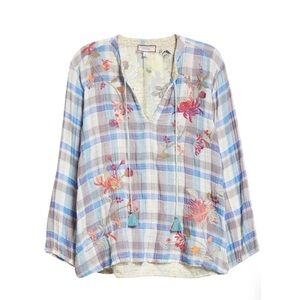 Johnny was embroidered plaid top with contrasting 100% silk back NWT
